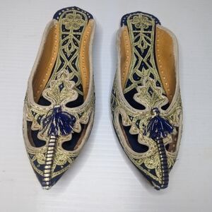 Women's Persian Indian slip on dress shoe sandal blue Gold intricate details 37